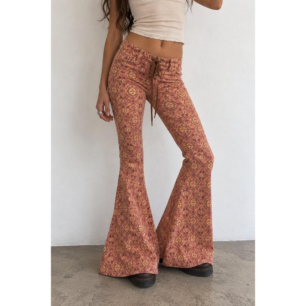 Carmar Paisley Lace Up Bell Bottom Jeans Y2K 70s Boho Low Rise Flare Pants Sz 24
